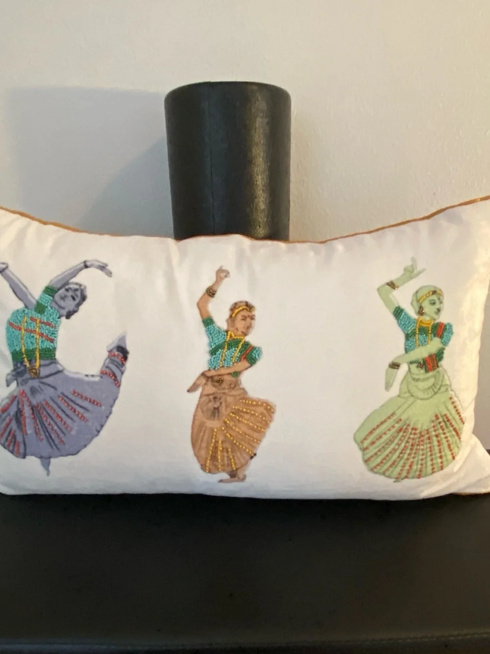 Embroidered Dance Motif Lumbar Pillow - White with Multicolor Figures